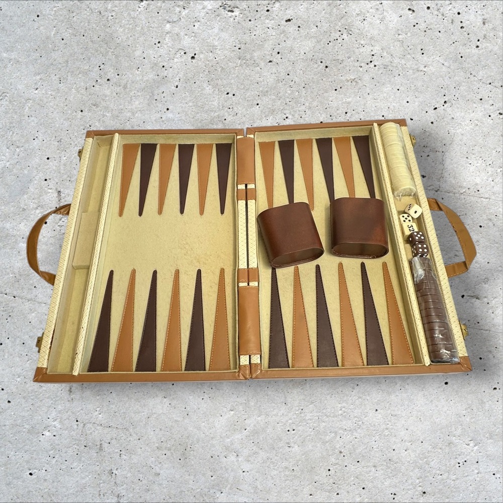 Vintage Backgammon Set‎ Embossed Vinyl Case Tan/Cream Large Travel Game